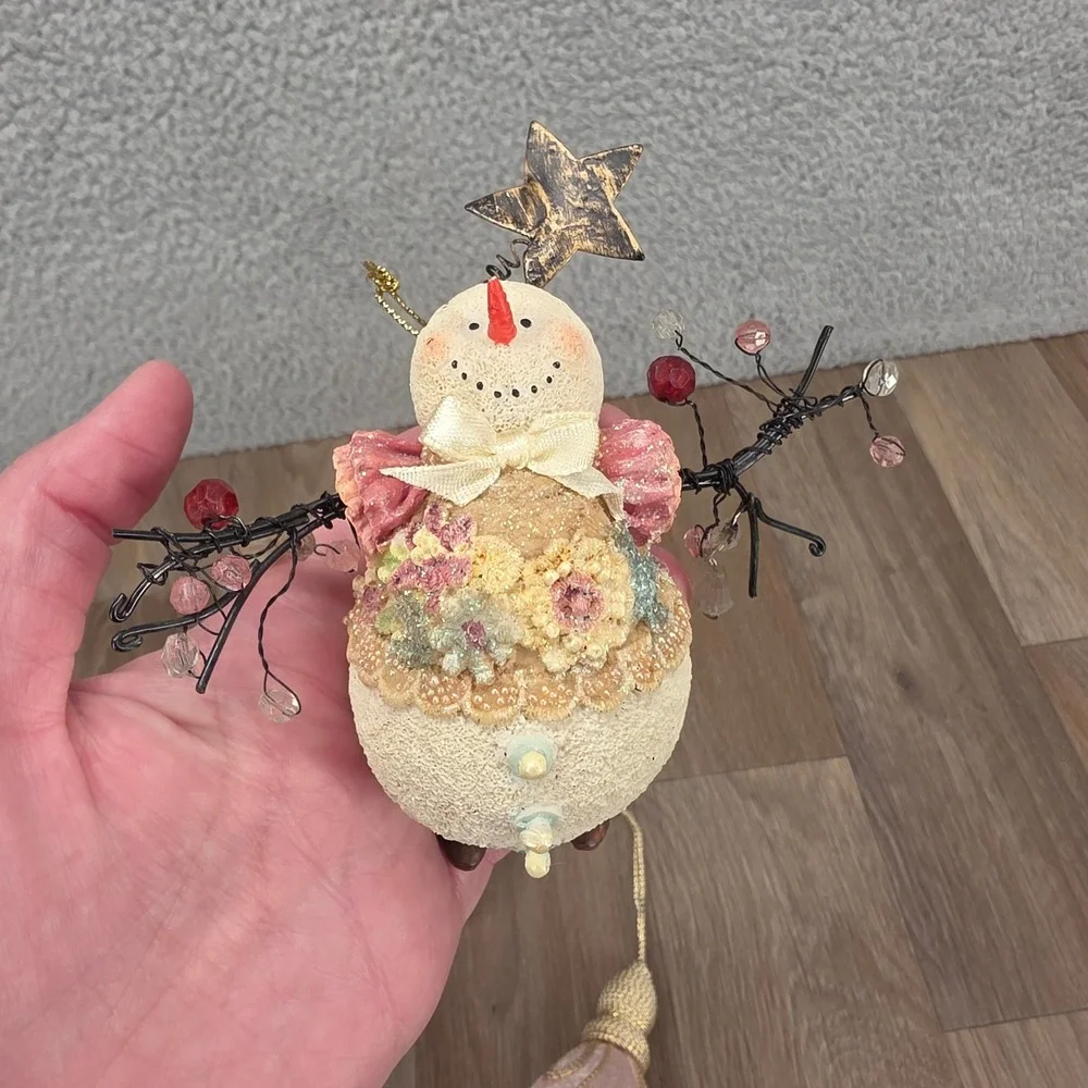 Vintage Pink‎ Velvet Drop Snowman & Beaded Apple Christmas Ornaments Set of 4
